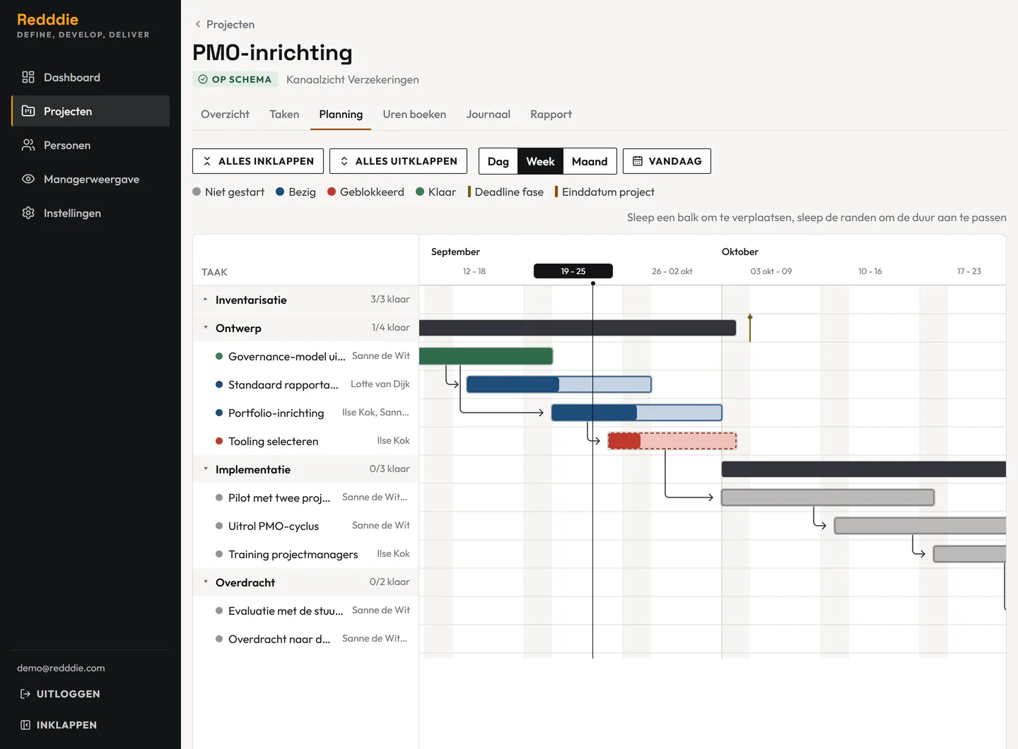 Planning van een project als Gantt-diagram, met fases, taken, afhankelijkheden, deadlines en een lijn voor vandaag, te bekijken per dag, week of maand.